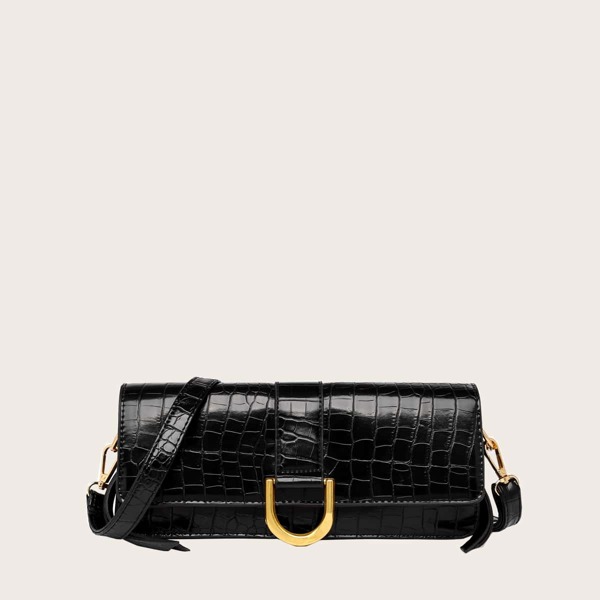 

Croc Embossed Flap Shoulder Bag, Black