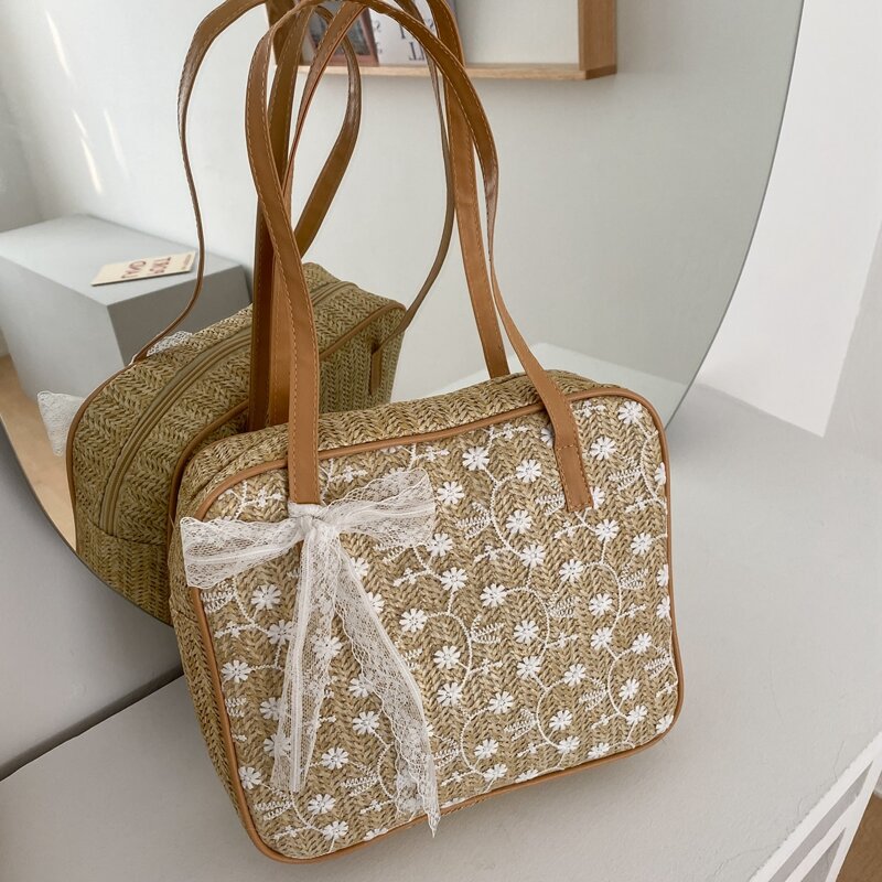 

Lace Decor Straw Bag, Khaki