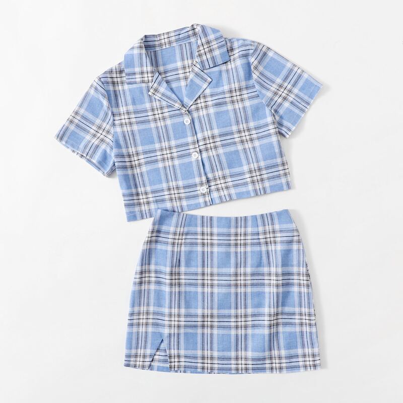 

Plaid Button Front Shirt & Split Skirt, Multicolor