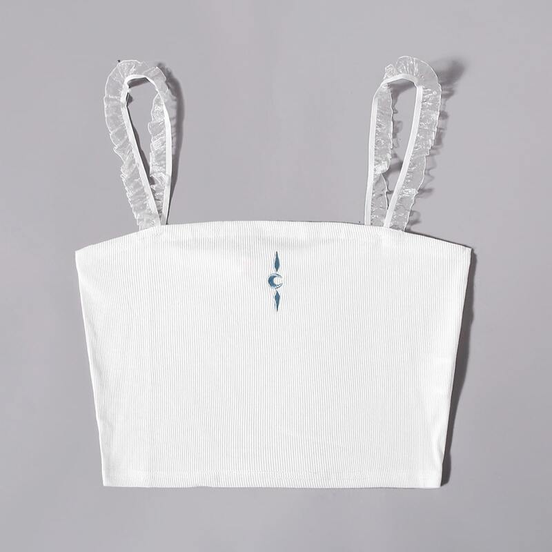 

Contrast Mesh Embroidery Crop Cami, White