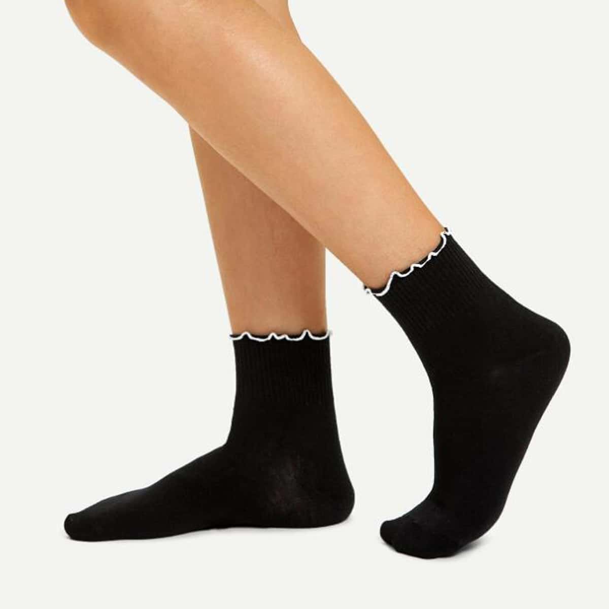 

1pair Lettuce Trim Crew Socks, Black