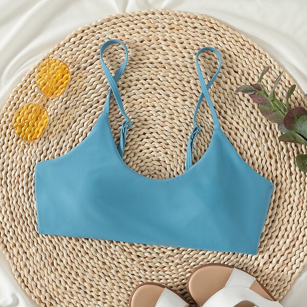 

Solid Spaghetti Strap Bikini Top, Blue