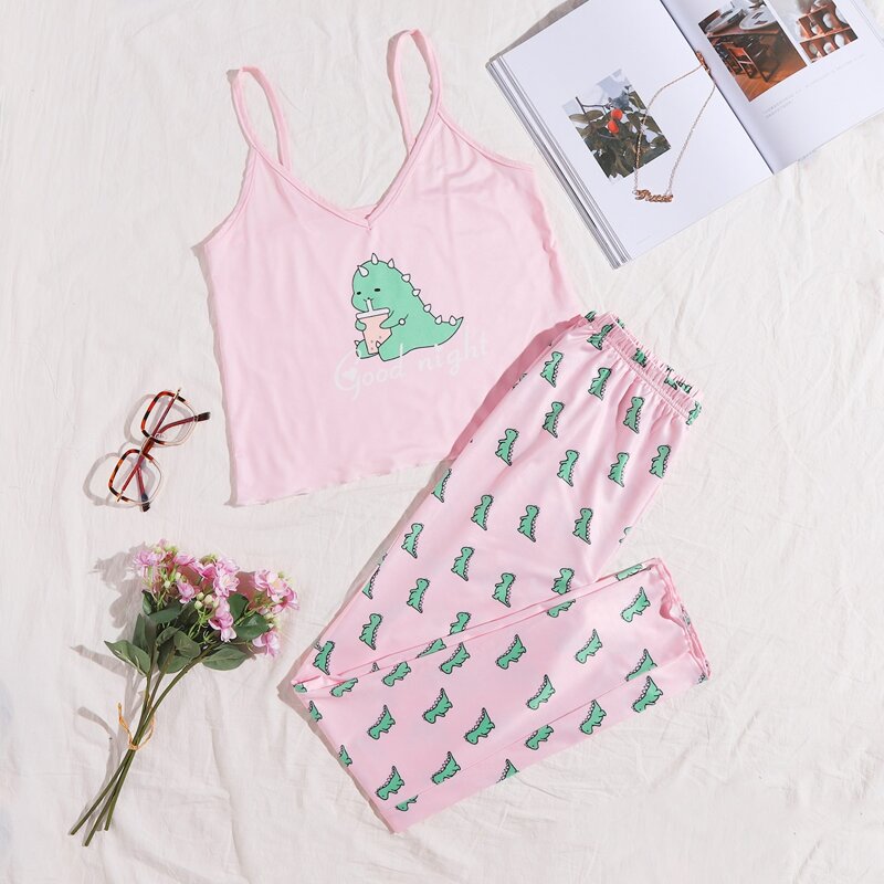 

Slogan And Cartoon Graphic Cami PJ Set, Baby pink