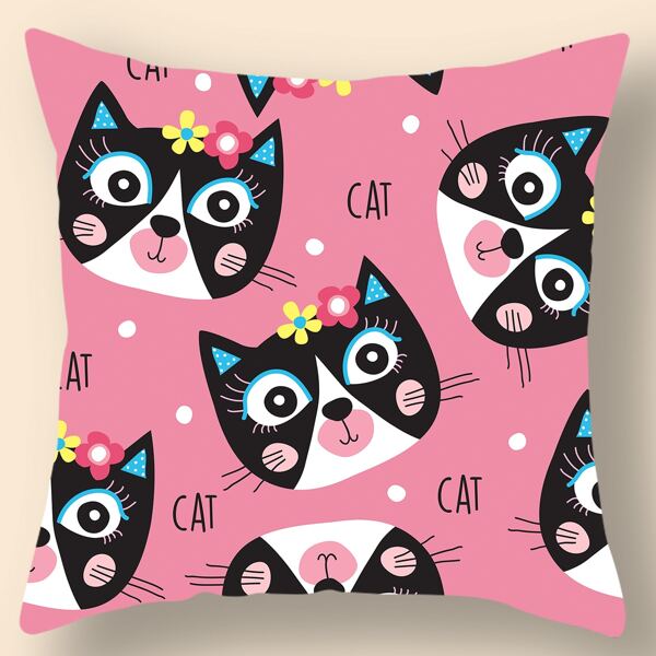 

Cartoon Cat Print Kids Cushion Cover Without Filler, Multicolor