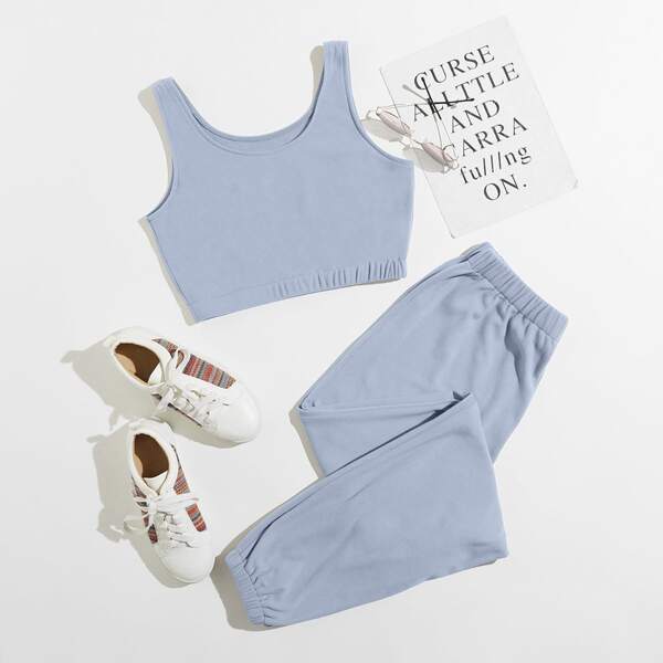 

Solid Crop Tank Top With Pants Lounge Set, Baby blue