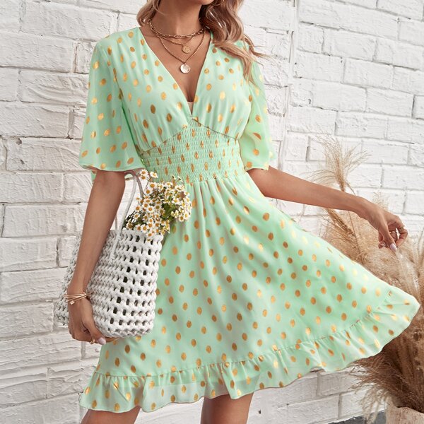 

Polka Dot Ruffle Hem Shirred Dress, Lime green