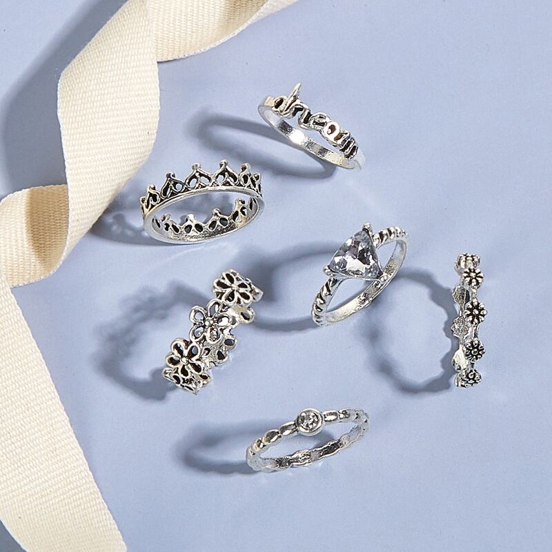 

6pcs Flower & Letter Design Ring, Silver