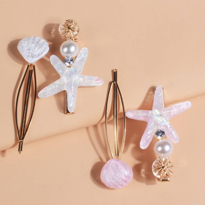 

4pcs Fan Shell & Starfish Hair Clip, Multicolor