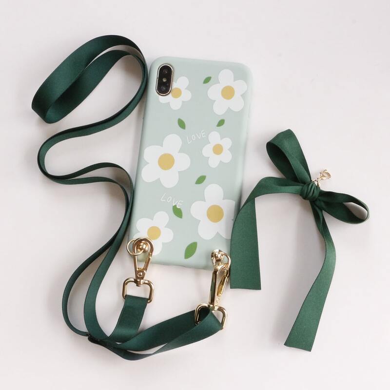 

Floral Pattern Phone Case With Lanyard, Mint blue