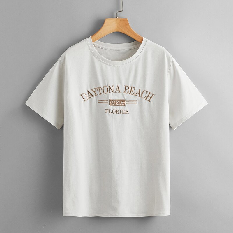 

Slogan Embroidery Drop Shoulder Tee, Light grey