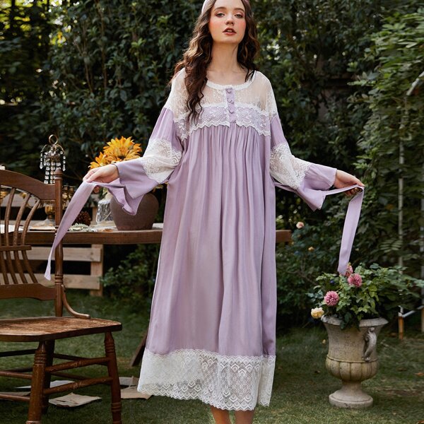 

Lace Insert Belted Night Dress, Lilac purple