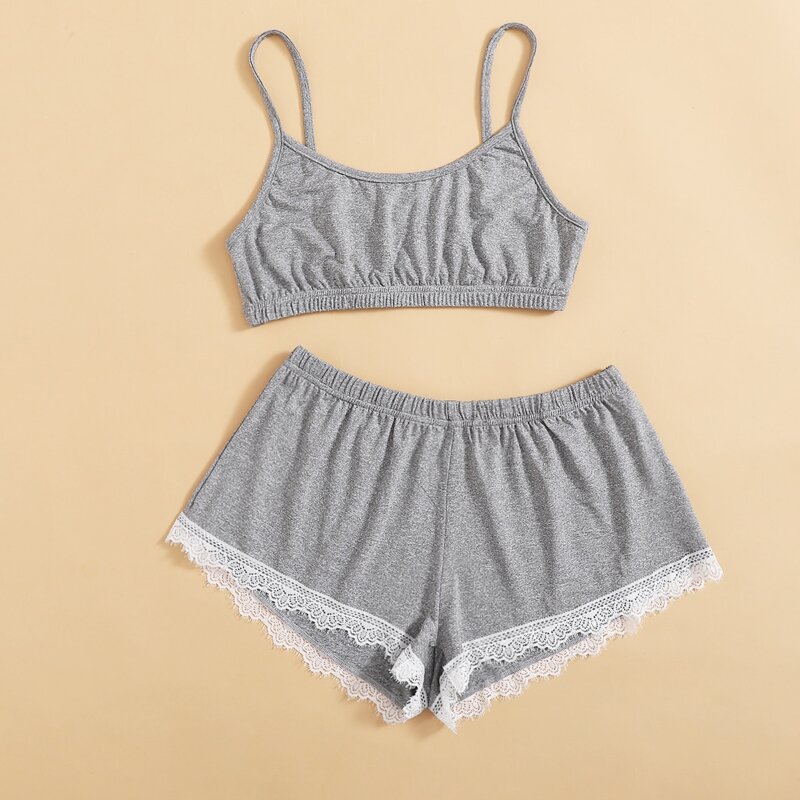 

Contrast Lace Pajama Set, Grey