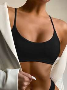 SHEIN Swim Top bikini de tirantes unicolor - Negro - Ver 1