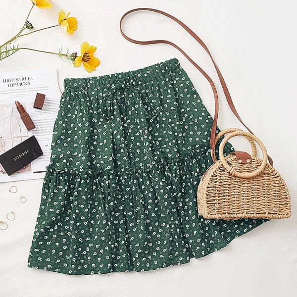 

Ditsy Floral Knot Front Ruffle Hem Skirt, Green