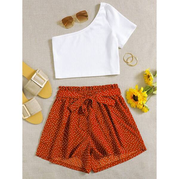 

One Shoulder Crop Tee & Dalmatian Print Belted Shorts, Red and white