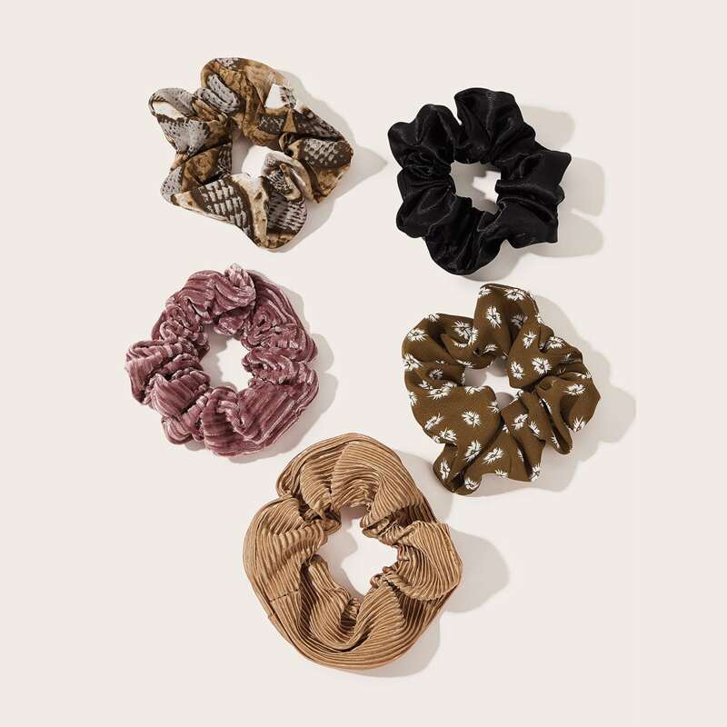 

5pcs Floral Pleated Scrunchie, Multicolor