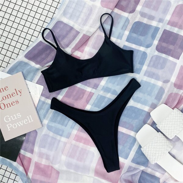 

Solid Cami Bikini Swimsuit, Black