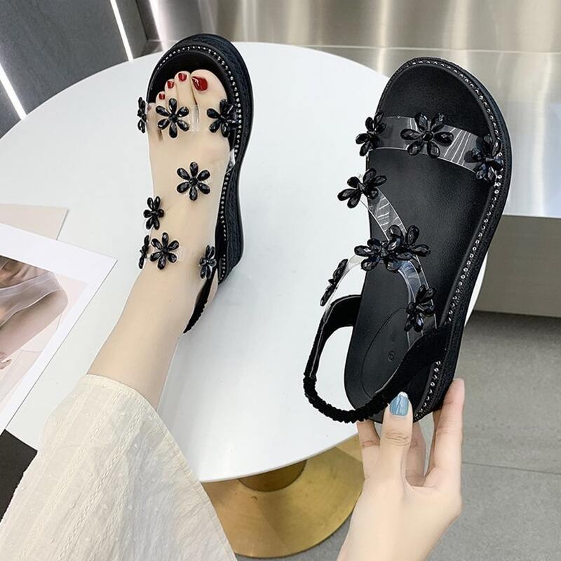 

Clear Floral Decor Wedge Sandals, Black