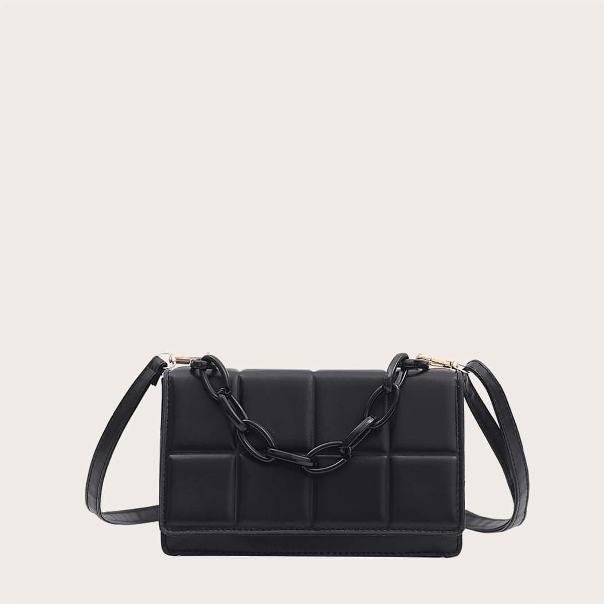 

Plaid Flap Satchel Bag, Black