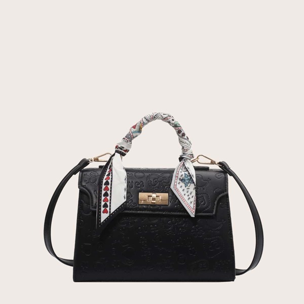 

Twilly Scarf Decor Cartoon Embossed Satchel Bag, Black