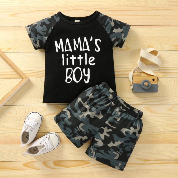 

Baby Boy Letter & Camo Print Tee With Shorts, Multicolor