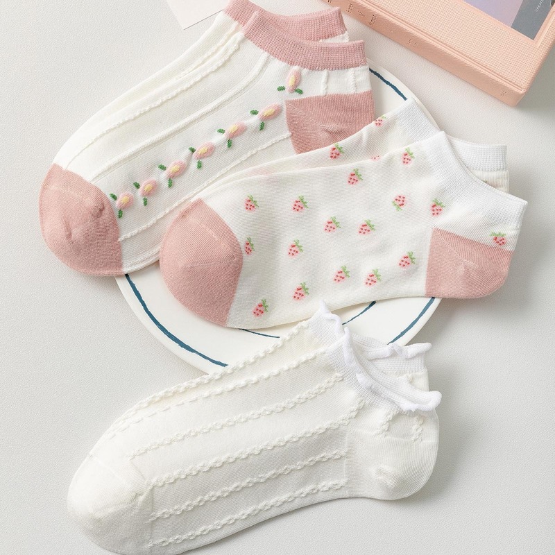

3pairs Strawberry Ankle Socks, Multicolor