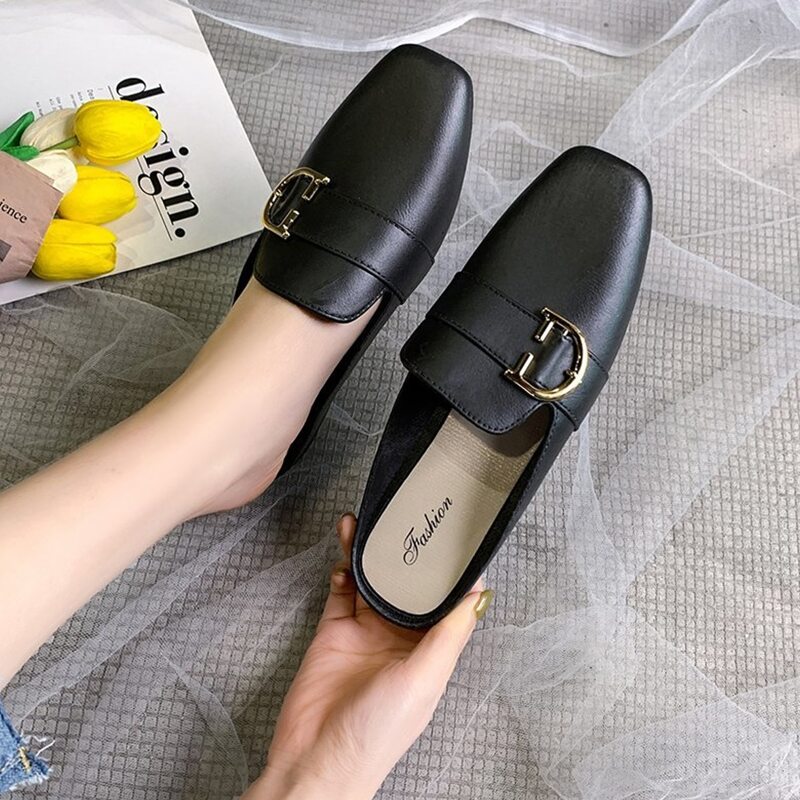 

Metal Decor Flat Mules, Black