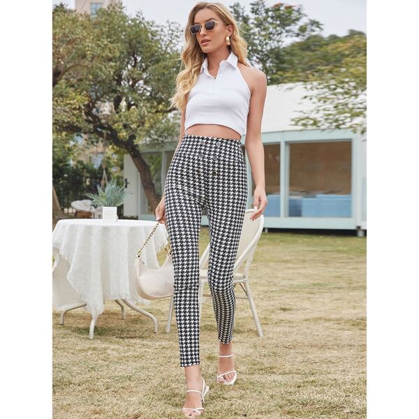 

Houndstooth Print Crop Skinny Pants, Black and white