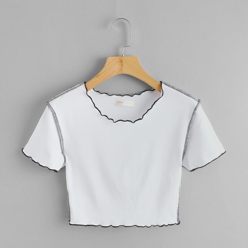 

Contrast Binding Lettuce Trim Ribbed Tee, White
