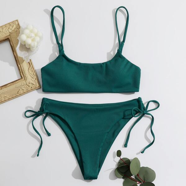 

Rib Tie Side Bikini Swimsuit, Dark green