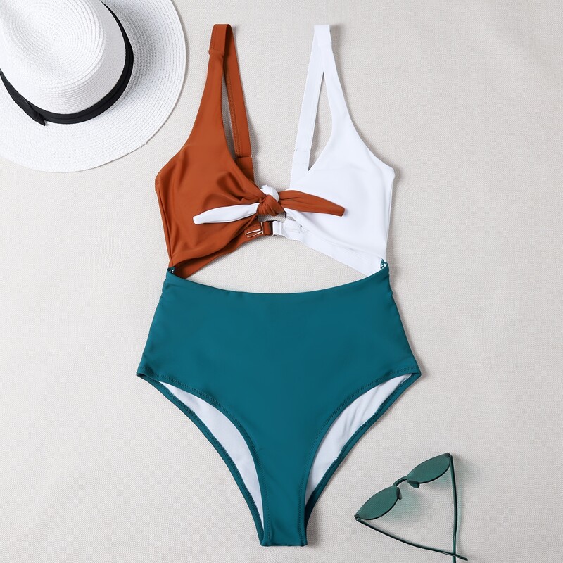 

Color Block Cut-out Knot One Piece Swimsuit, Multicolor
