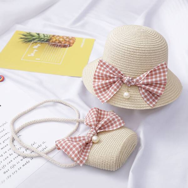 

Girls Bow Decor Straw Bag With Hat, Beige