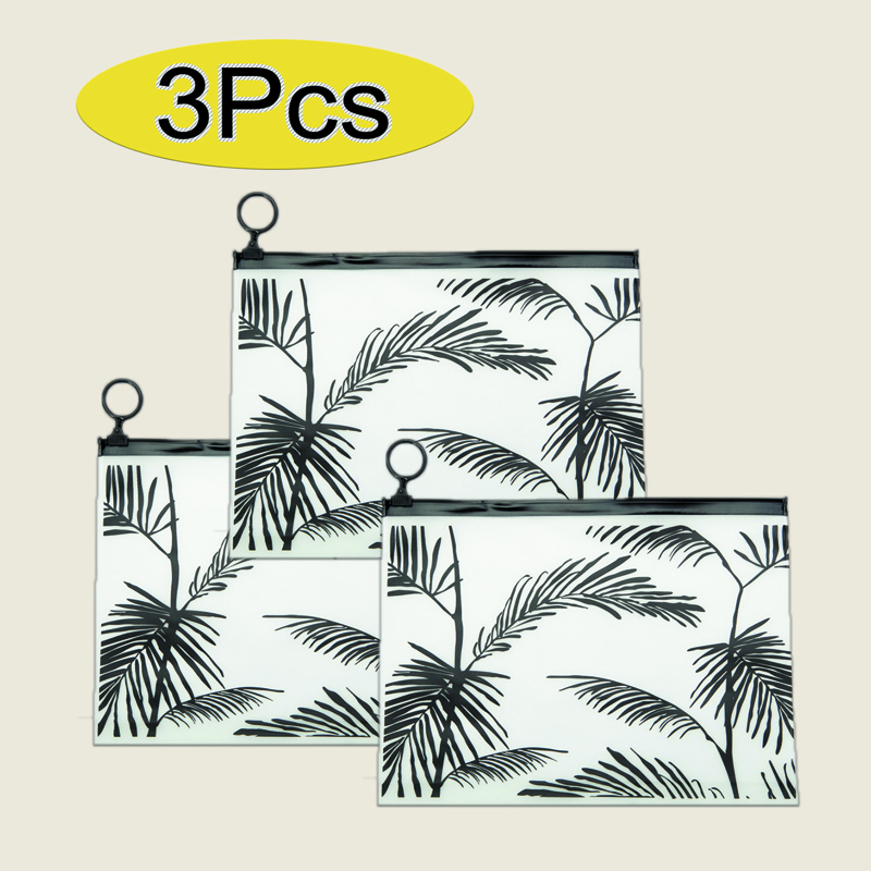 

3pcs Leaf Print Storage Bag, Black and white
