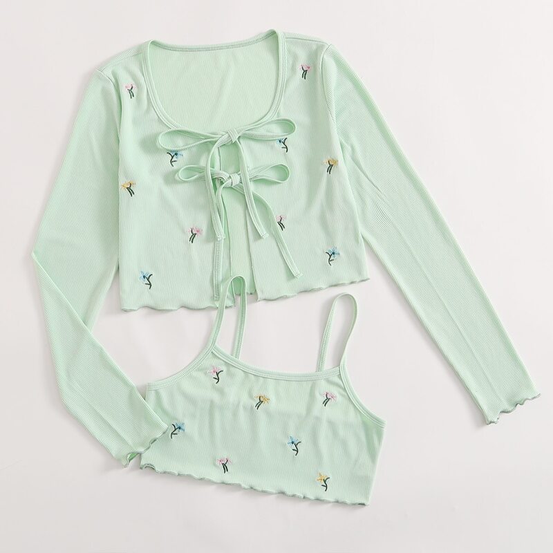 

Ditsy Floral Embroidery Crop Cami & Tie Front Ribbed Top, Mint green