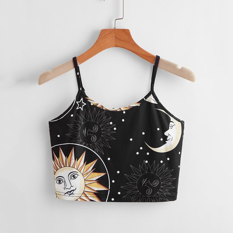 

Sun & Moon Graphic Crop Cami, Black
