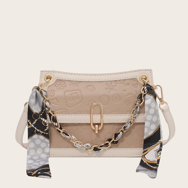 

Twilly Scarf Decor Cartoon Embossed Satchel Bag, Khaki