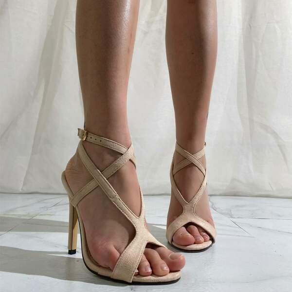 

Cross Strap Suede Stiletto Heeled Sandals, Apricot