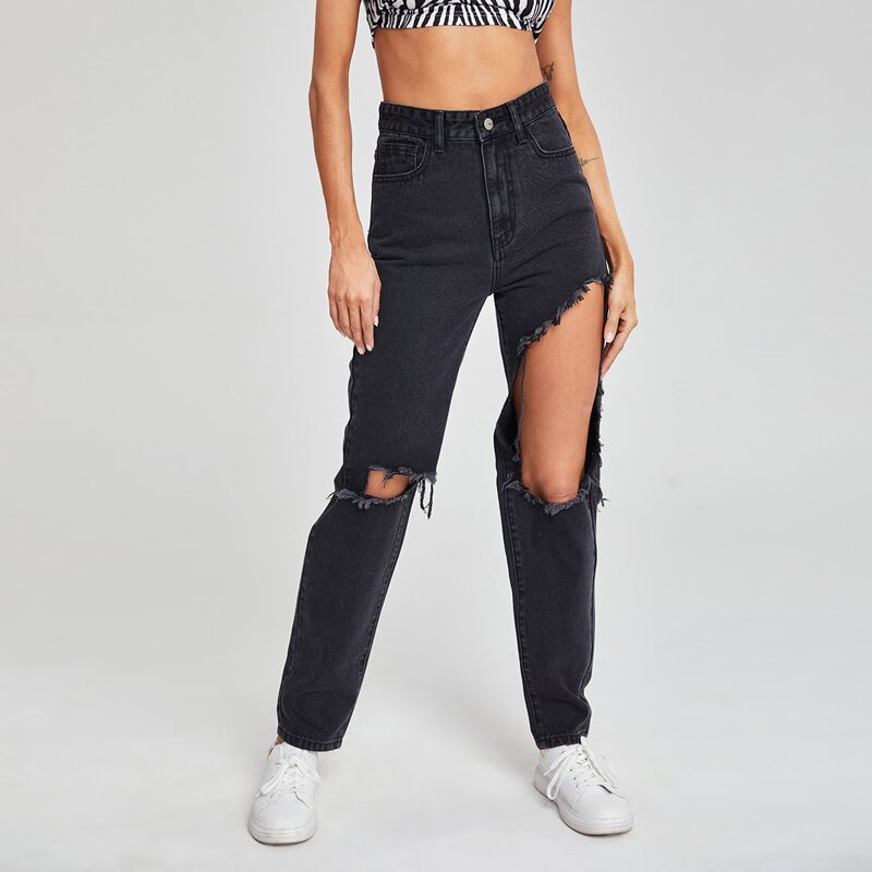 

High Waist Ripped Jeans, Black