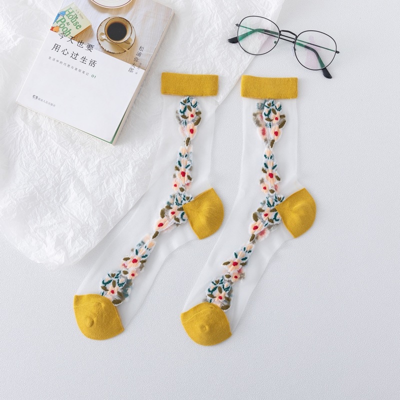 

1pair Floral Mesh Crew Socks, Multicolor