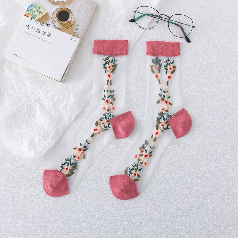 

1pair Floral Mesh Crew Socks, Multicolor