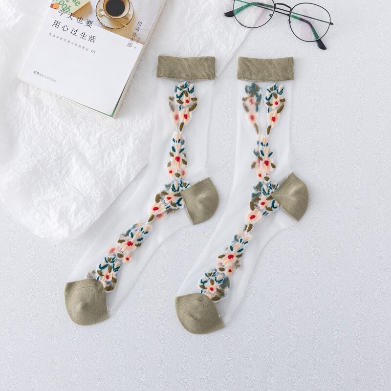 

1pair Floral Mesh Crew Socks, Multicolor