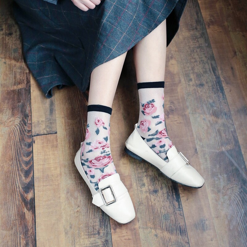 

1pair Floral Mesh Crew Socks, Multicolor