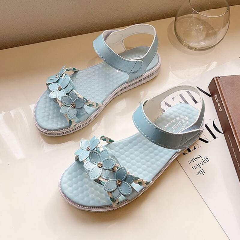 

Floral Decor Ankle Strap Sandals, Blue