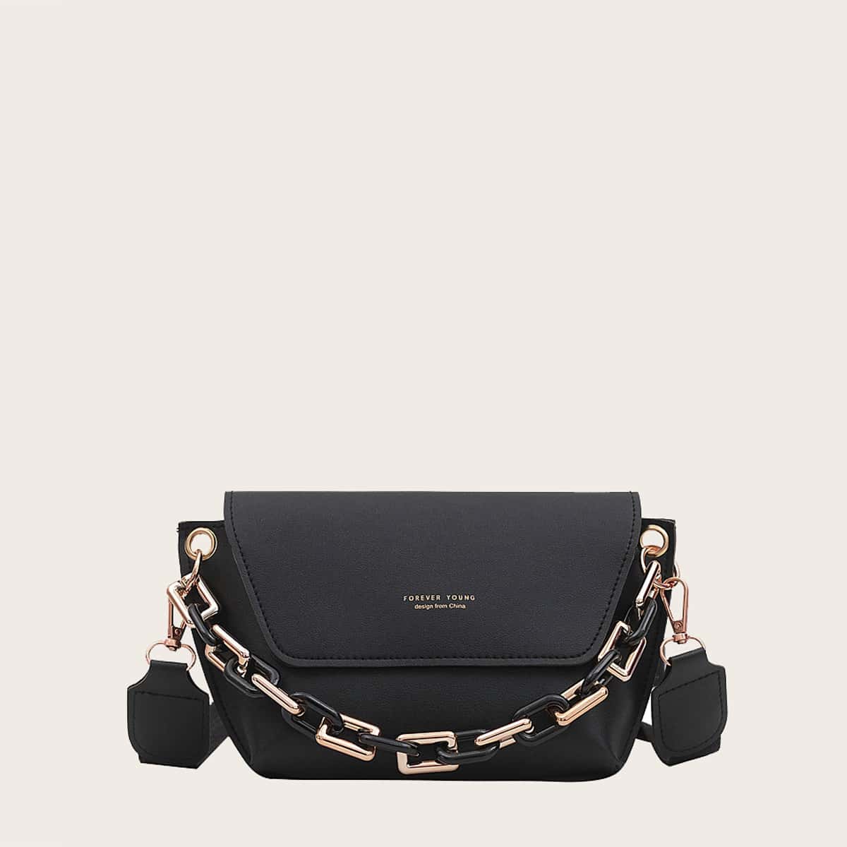 

Flap Chain Satchel Bag, Black