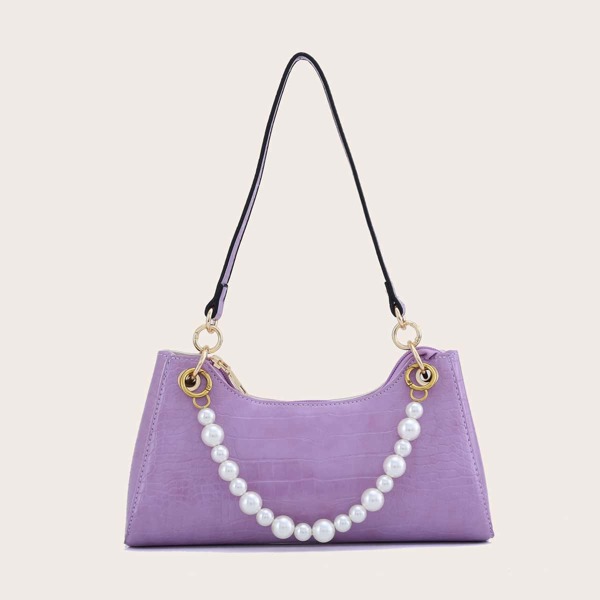 

Faux Pearl Decor Croc Embossed Shoulder Bag, Purple