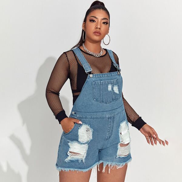 

Plus Ripped Raw Hem Denim Overalls, Medium wash