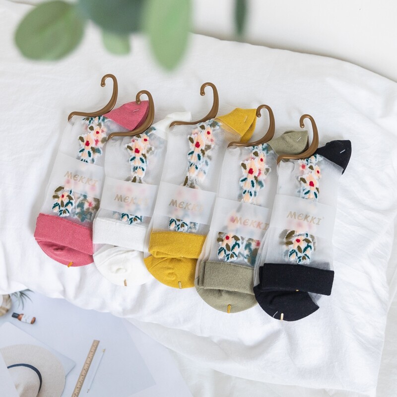 

5pairs Floral Mesh Crew Socks, Multicolor