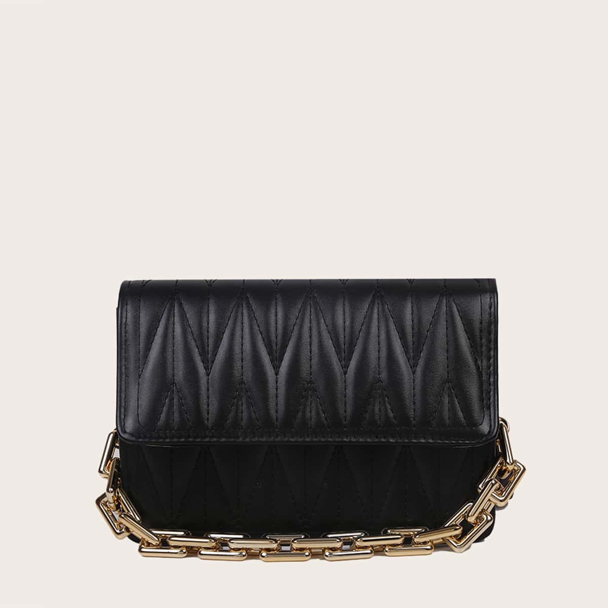 

Quilted Chain Satchel Bag, Black