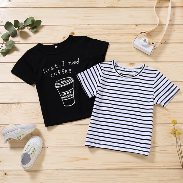 

Toddler Boys 2pack Striped And Slogan Graphic Tee, Black and white