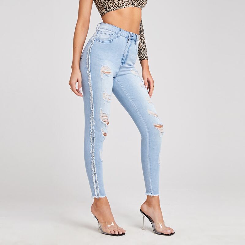 

High Waist Ripped Skinny Jeans, Light wash
